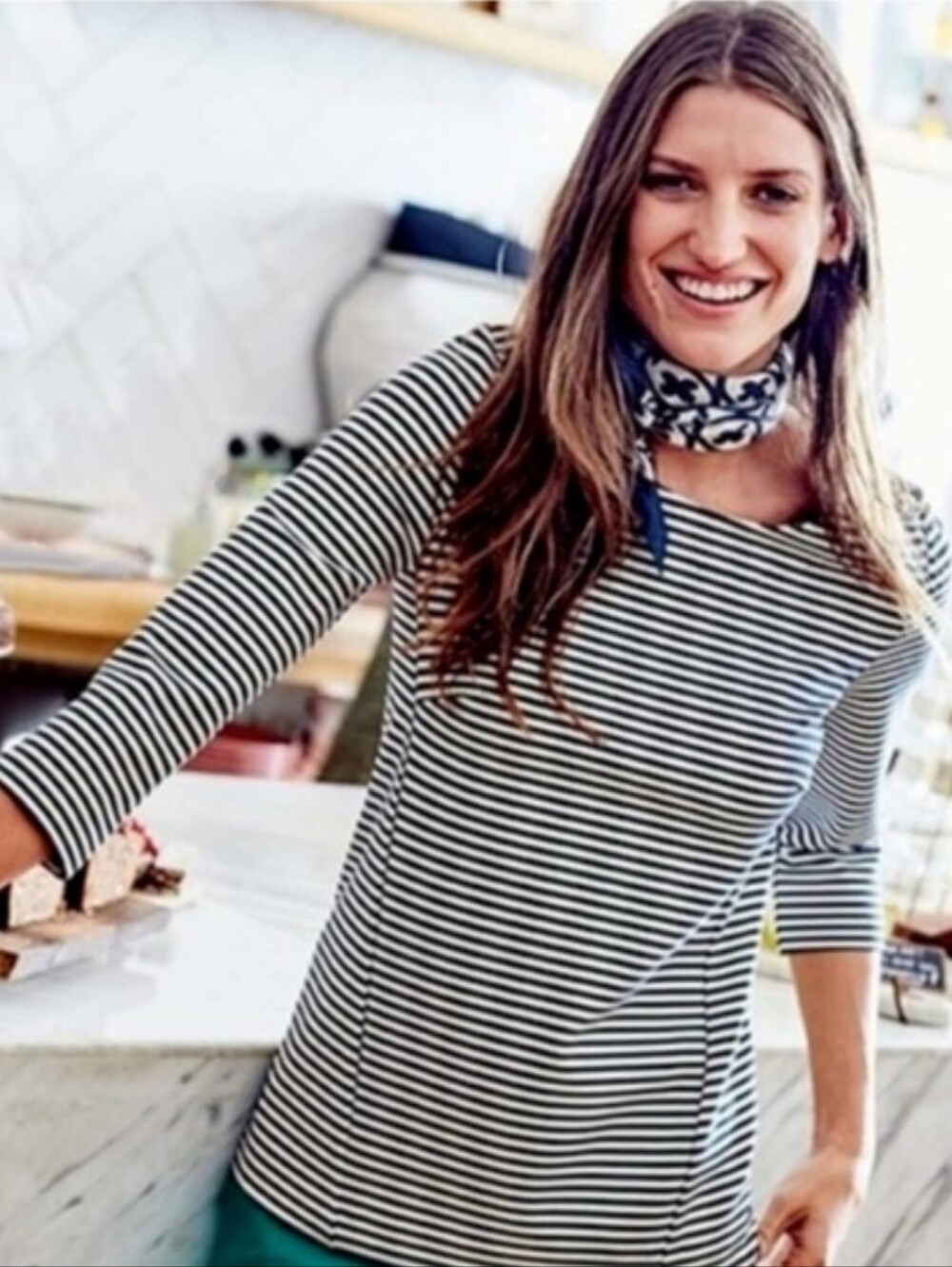 Boden Top Evie Ponte Knit Nautical Stripe Preppy Shoulder Buttons Size US 8